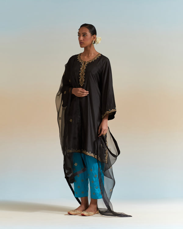 EMBROIDERED TUNIC TROUSER SET- BALCK/ TURQUOISE