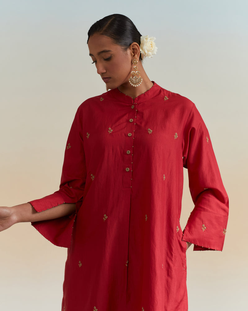 EMBROIDERED TUNIC TROUSER SET- DEEP RED