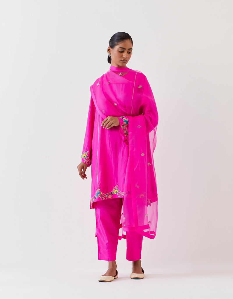 EMBROIDERED TUNIC TROUSER SET- FUCHSIA