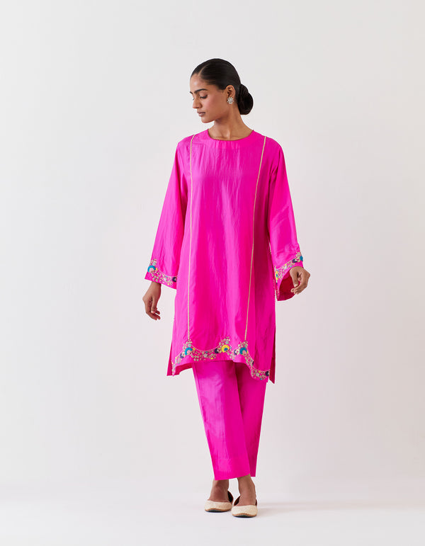 EMBROIDERED TUNIC TROUSER SET- FUCHSIA