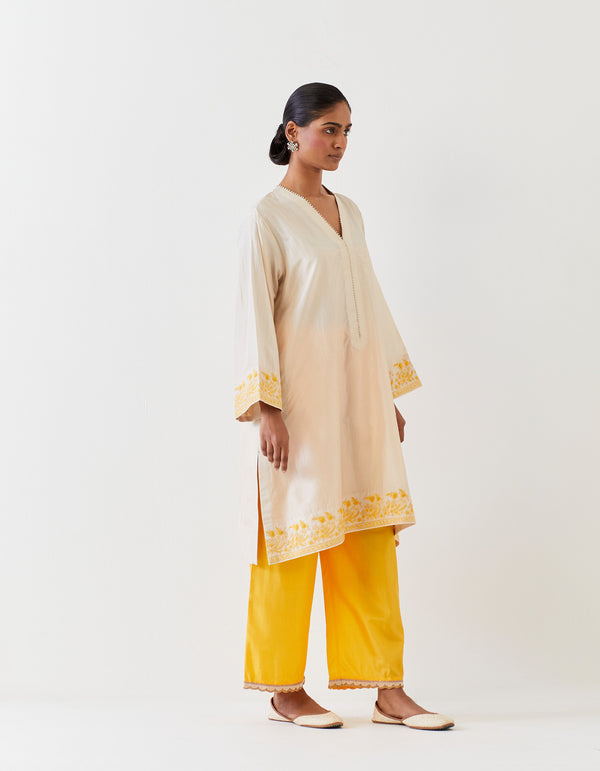EMBROIDERED TUNIC TROUSER SET- CHAMPAGNE/MANGO YELLOW
