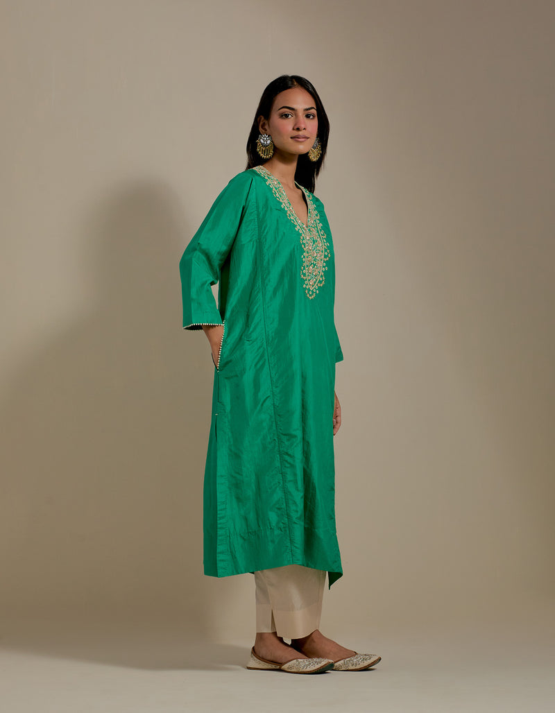EMBROIDERED TUNIC TROUSER SET- GREEN/CHAMPAGNE