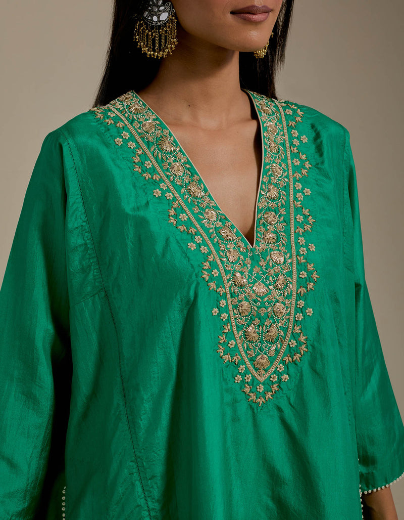 EMBROIDERED TUNIC TROUSER SET- GREEN/CHAMPAGNE