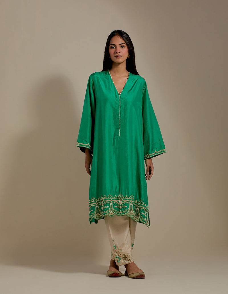 EMBROIDERED TUNIC TROUSER SET- GREEN/CHAMPAGNE