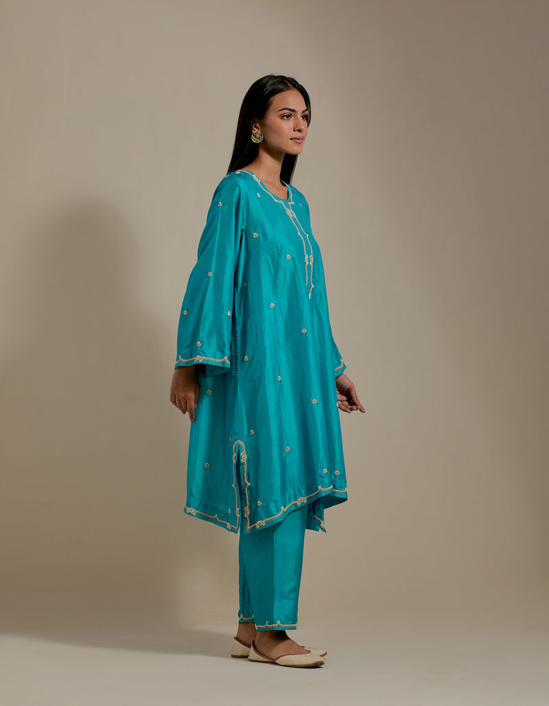 EMBROIDERED TUNIC TROUSER SET- TURQUOISE BLUE