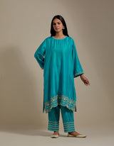 EMBROIDERED TUNIC TROUSER SET- TURQUOISE BLUE