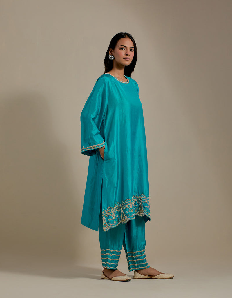 EMBROIDERED TUNIC TROUSER SET- TURQUOISE BLUE