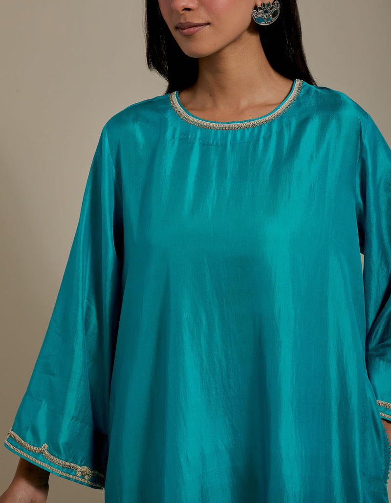EMBROIDERED TUNIC TROUSER SET- TURQUOISE BLUE