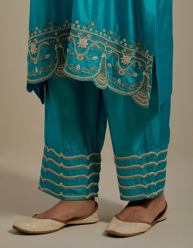 EMBROIDERED TUNIC TROUSER SET- TURQUOISE BLUE
