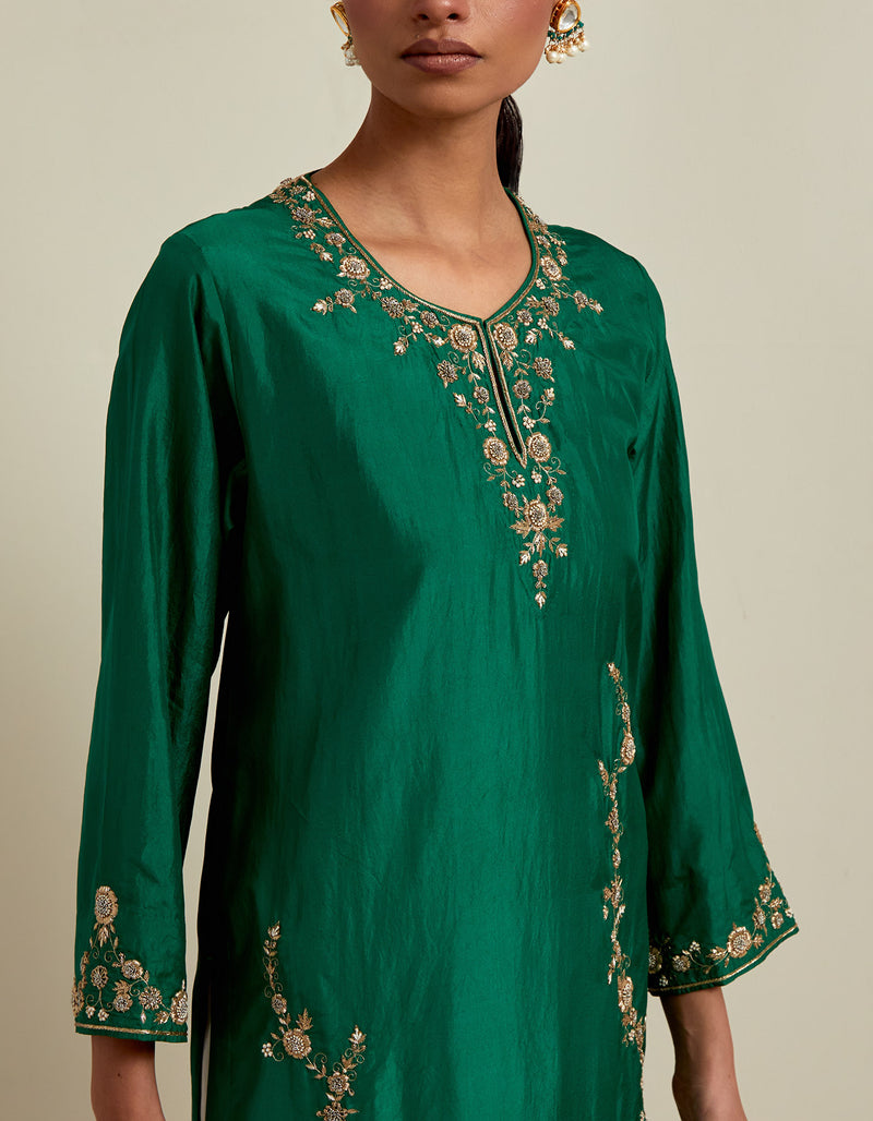 EMBROIDERED TUNIC TROUSER SET- GREEN/IVORY