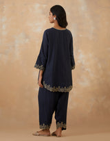 EMBROIDERED TUNIC TROUSER SET- NAVY NOIR