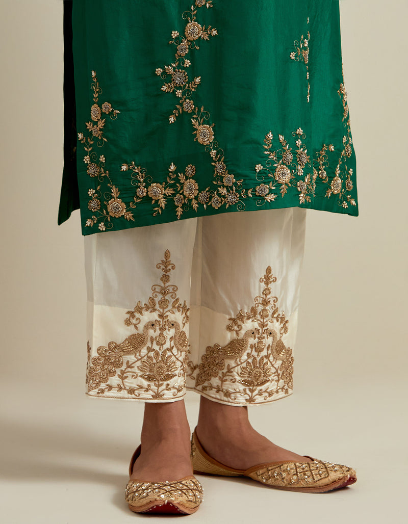 EMBROIDERED TUNIC TROUSER SET- GREEN/IVORY