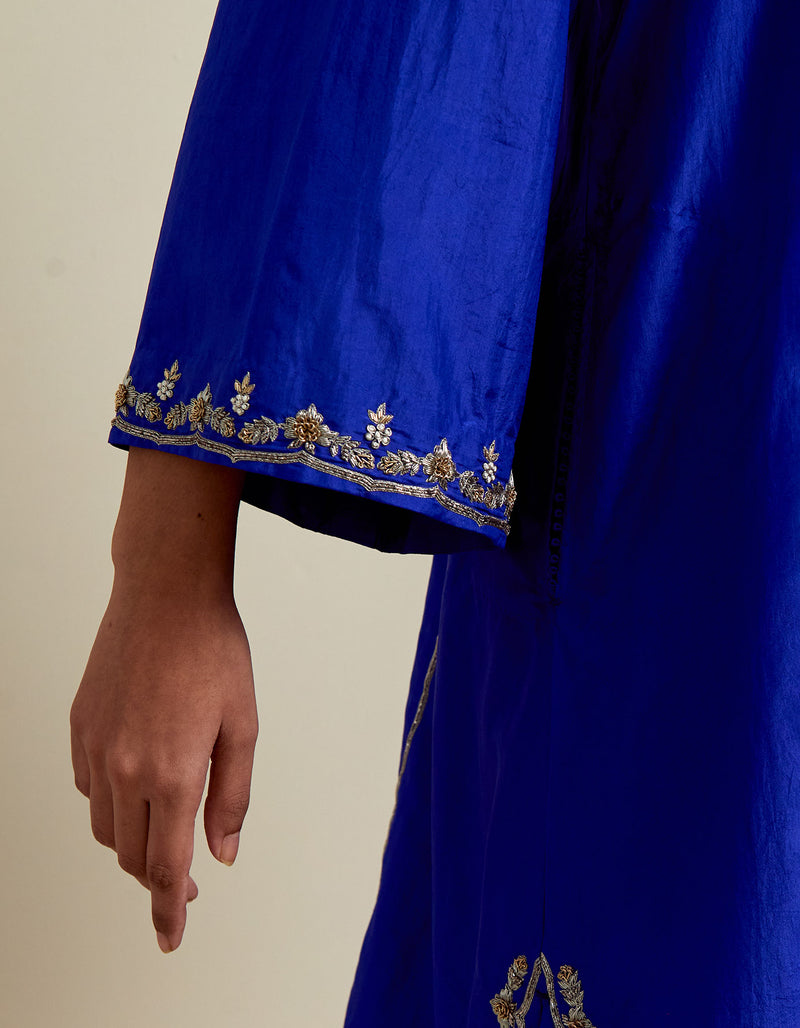 EMBROIDERED TUNIC TROUSER SET- COBALT BLUE/IVORY