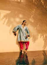 EMBROIDERED TUNIC TROUSER SET- AQUA/ HOT PINK