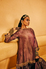 CRUSHED TISSUE TUNIC WITH BROCADE SHARARA- PURPLE