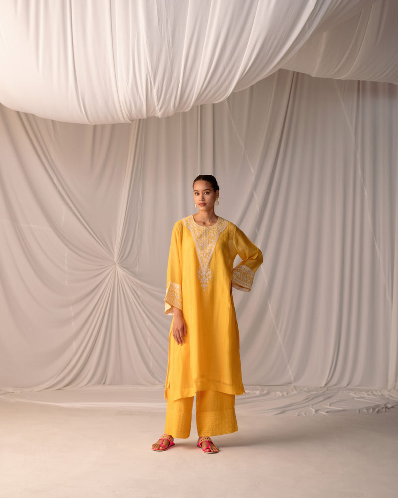 EMBROIDERED TUNIC TROUSER SET-MANGO YELLOW