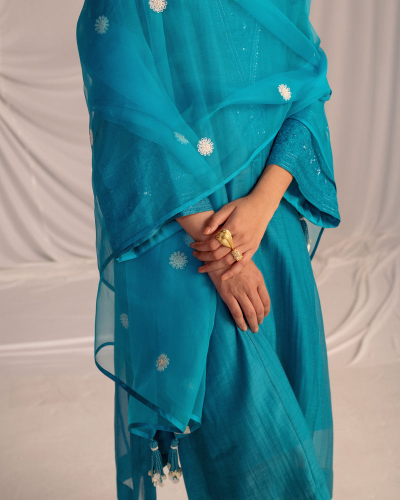 HAND EMBROIDERED DUPATTA- TURQUOISE BLUE