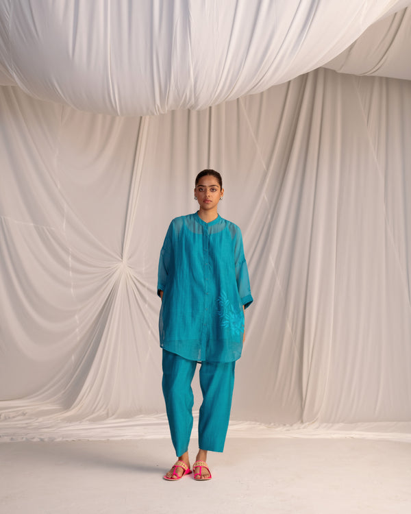 EMBROIDERED TUNIC TROUSER SET- TURQUOISE BLUE