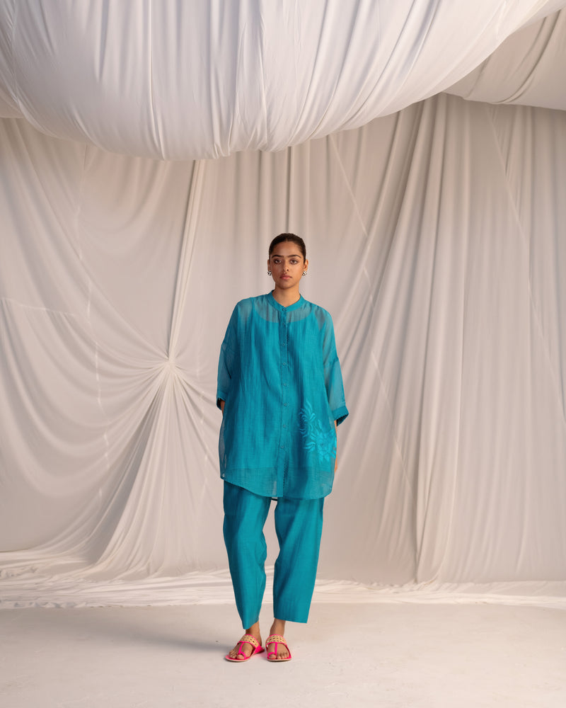 EMBROIDERED TUNIC TROUSER SET- TURQUOISE BLUE
