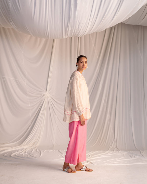 EMBROIDERED TUNIC TROUSER SET-CHAMPAGNE/PINK