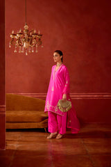 EMBROIDERED TUNIC TROUSER SET- HOT PINK