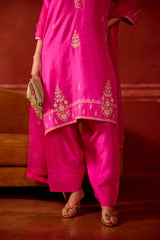 EMBROIDERED TUNIC TROUSER SET- HOT PINK