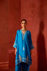 EMBROIDERED TUNIC TROUSER SET- TURQ