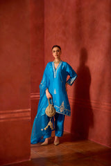 EMBROIDERED TUNIC TROUSER SET- TURQ