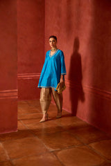EMBROIDERED TUNIC TROUSER SET- TURQ/OAT