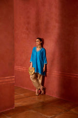 EMBROIDERED TUNIC TROUSER SET- TURQ/OAT