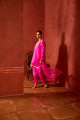 EMBROIDERED TUNIC TROUSER SET- HOT PINK