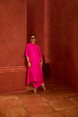 EMBROIDERED TUNIC TROUSER SET- HOT PINK