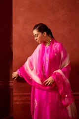 EMBROIDERED TUNIC TROUSER SET- HOT PINK