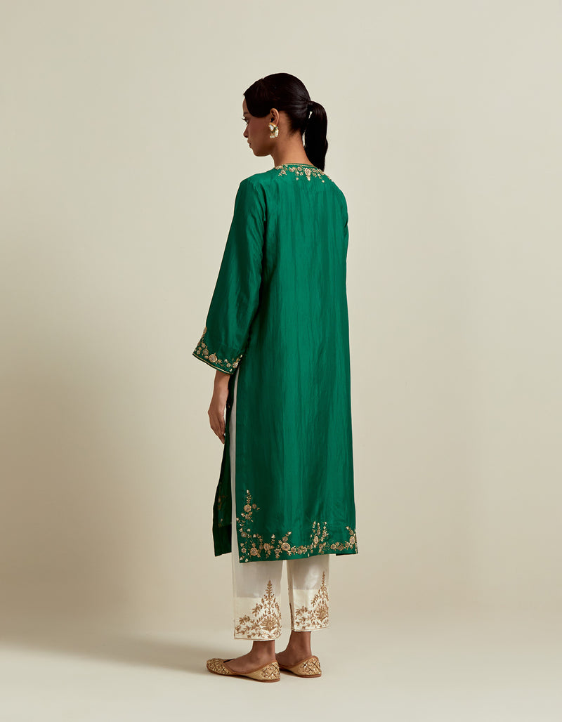EMBROIDERED TUNIC TROUSER SET- GREEN/IVORY