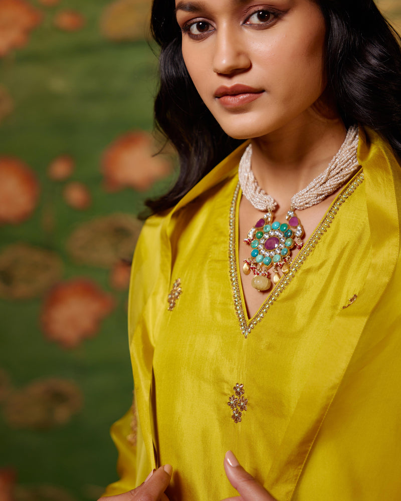 EMBROIDERED TUNIC TROUSER SET- MUSTARD
