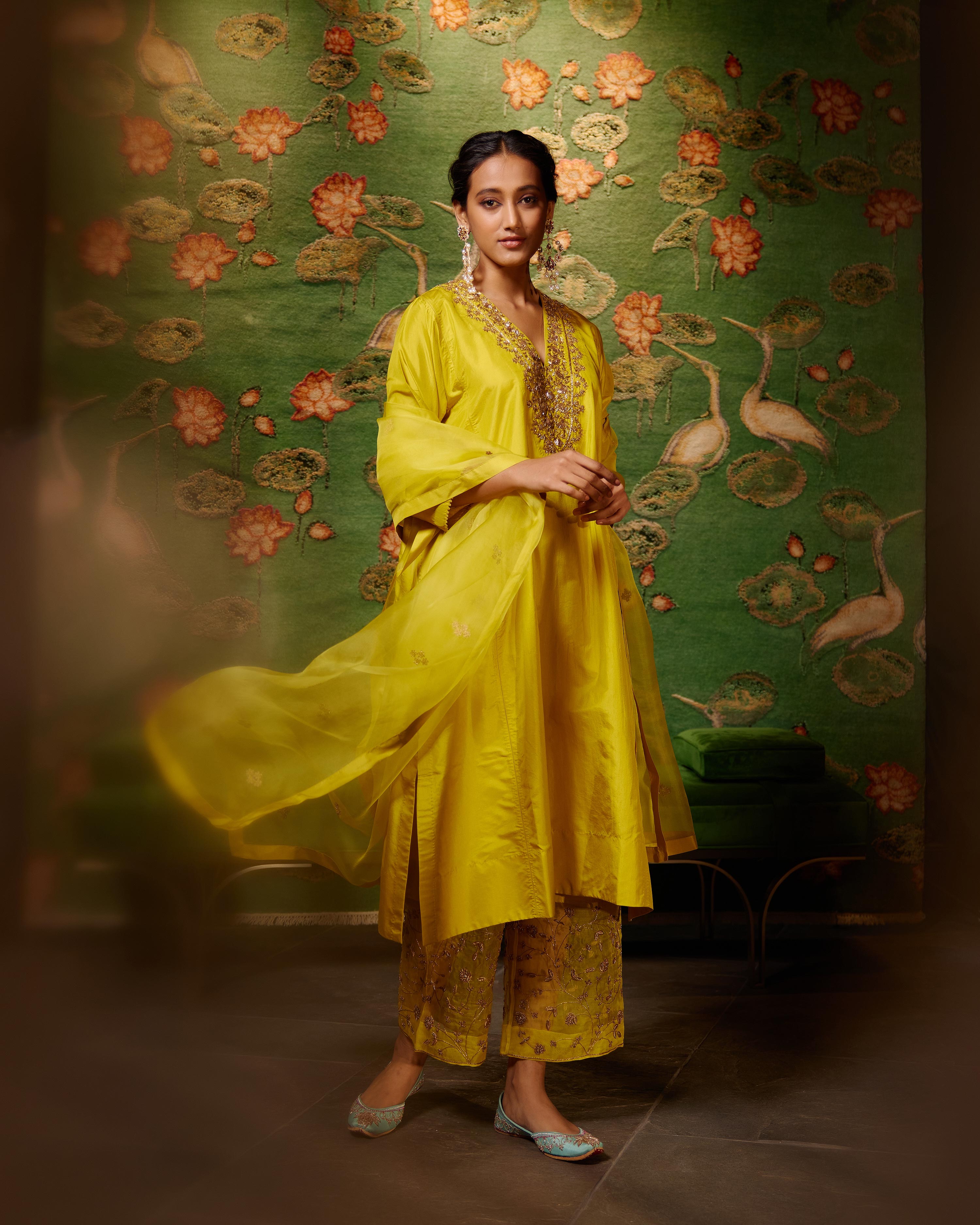 EMBROIDERED TUNIC TROUSER SET- MUSTARD – BRIH