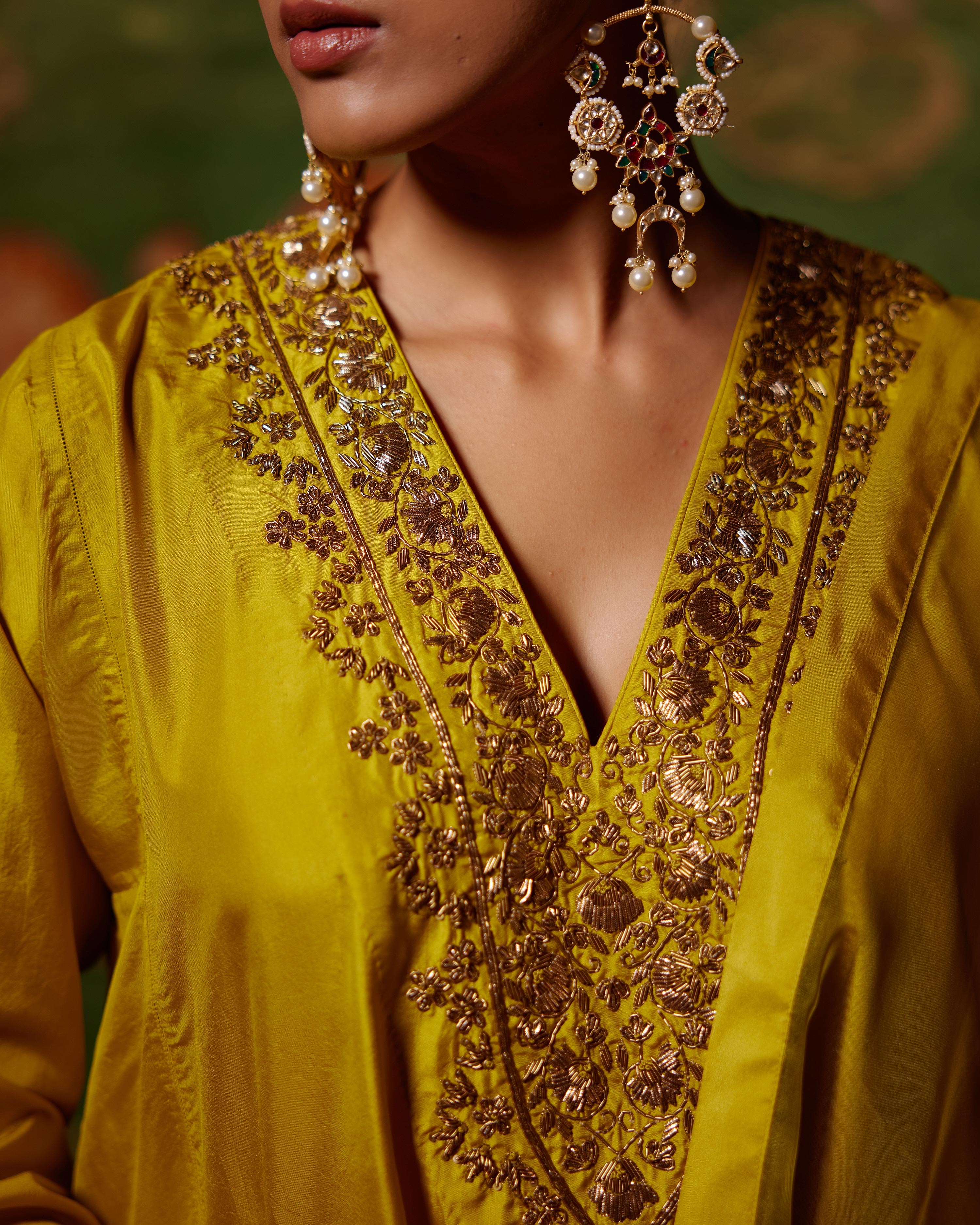 EMBROIDERED TUNIC TROUSER SET- MUSTARD – BRIH