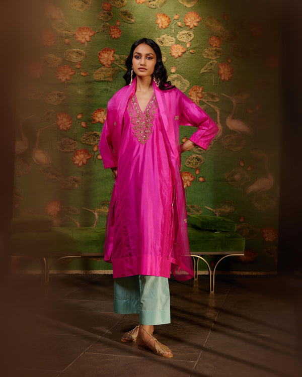 EMBROIDERED TUNIC TROUSER SET- HOT PINK