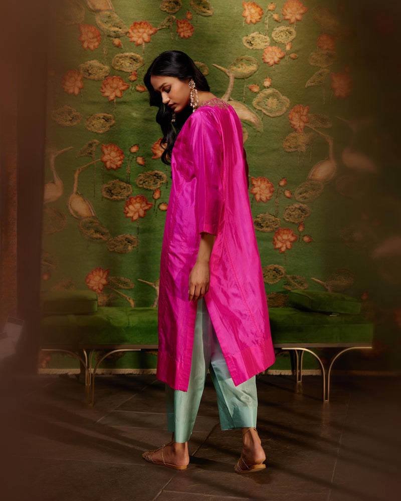 EMBROIDERED TUNIC TROUSER SET- HOT PINK