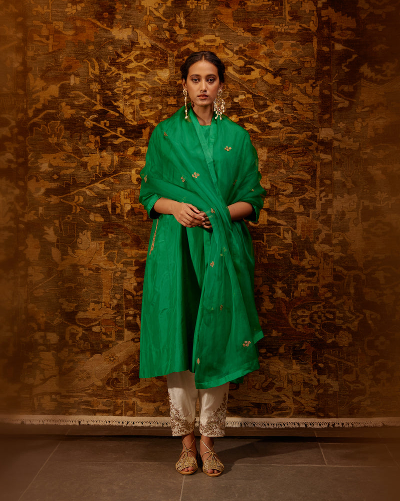 EMBROIDERED TUNIC TROUSER SET- GREEN/IVORY