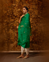 EMBROIDERED TUNIC TROUSER SET- GREEN/IVORY