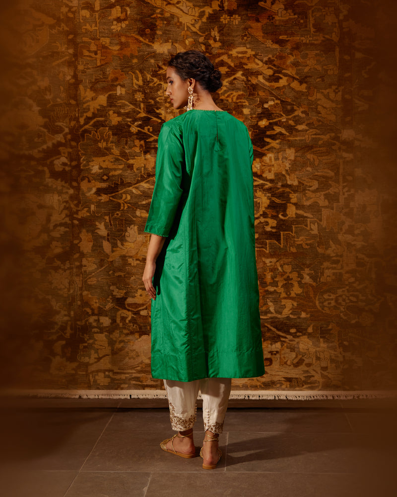 EMBROIDERED TUNIC TROUSER SET- GREEN/IVORY