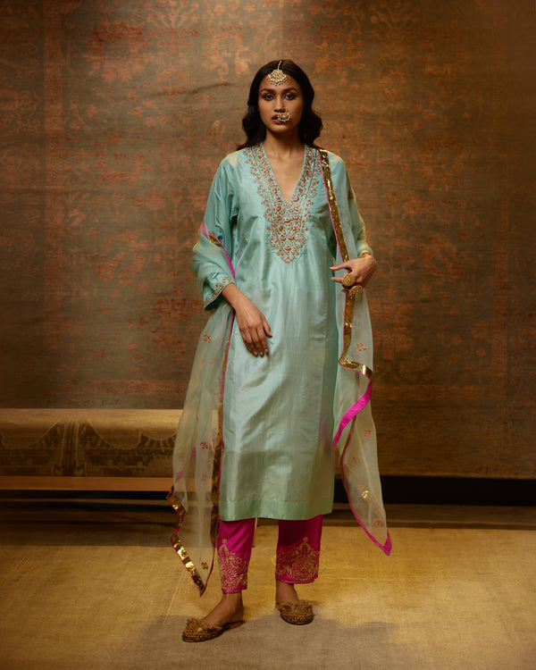 EMBROIDERED TUNIC TROUSER SET- AQUA