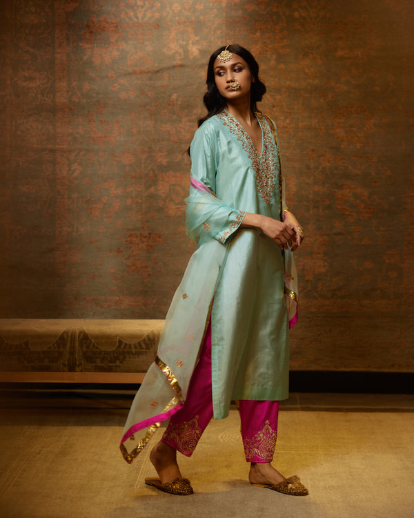 EMBROIDERED TUNIC TROUSER SET- AQUA