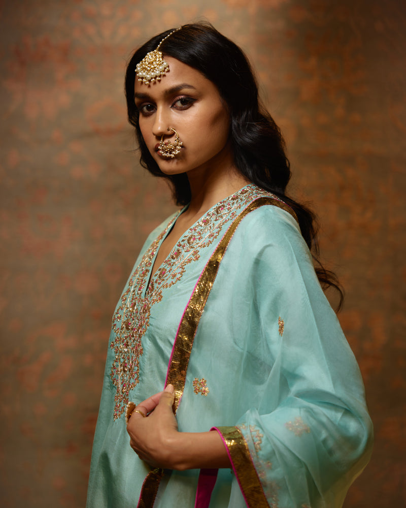 EMBROIDERED TUNIC TROUSER SET- AQUA
