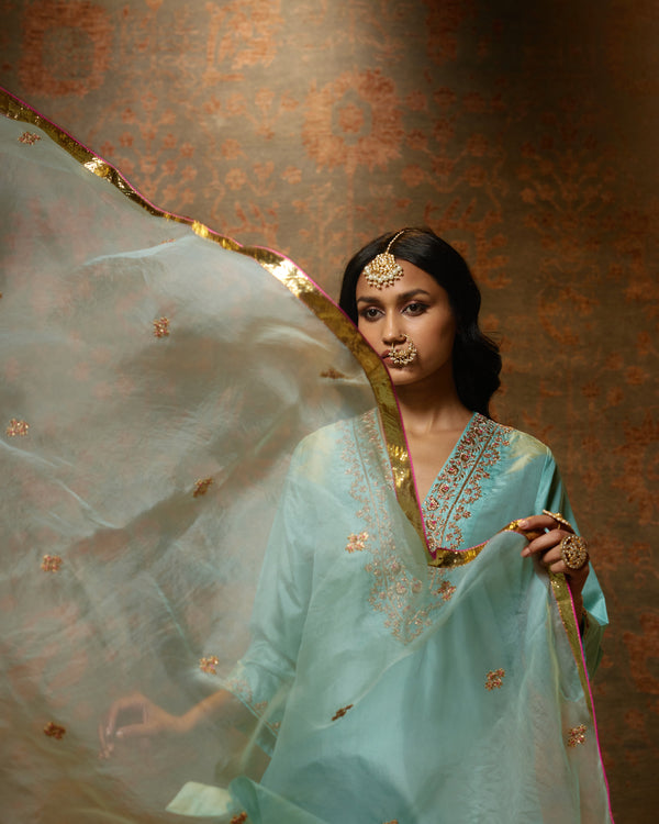 HAND EMBROIDERED DUPATTA- AQUA