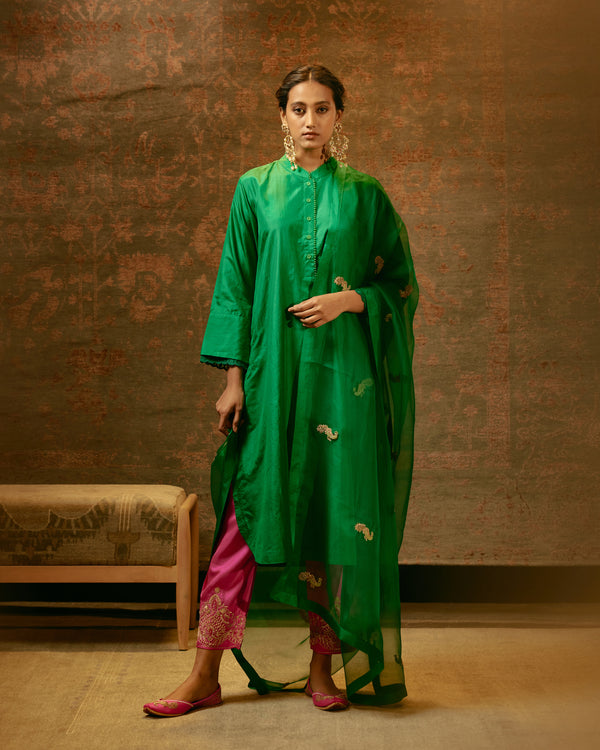 EMBROIDERED TUNIC TROUSER SET- GREEN/PINK