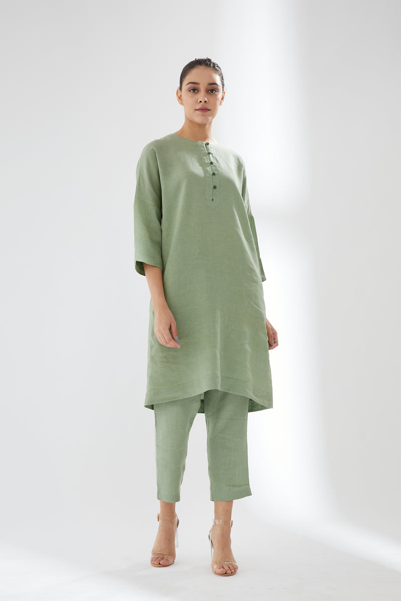 Drop-shoulder, Button-up Tunic with Pants
