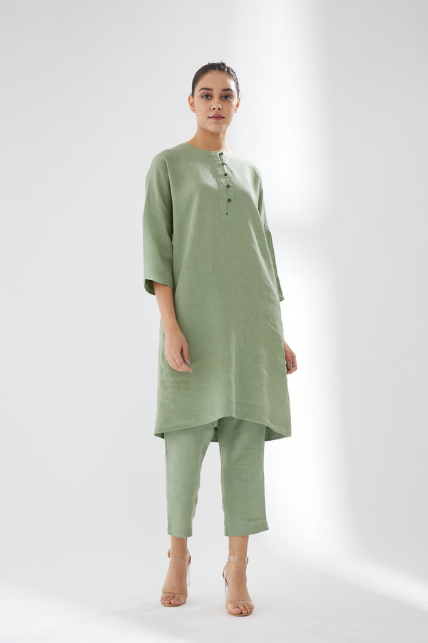 Drop-shoulder, Button-up Tunic With Pants