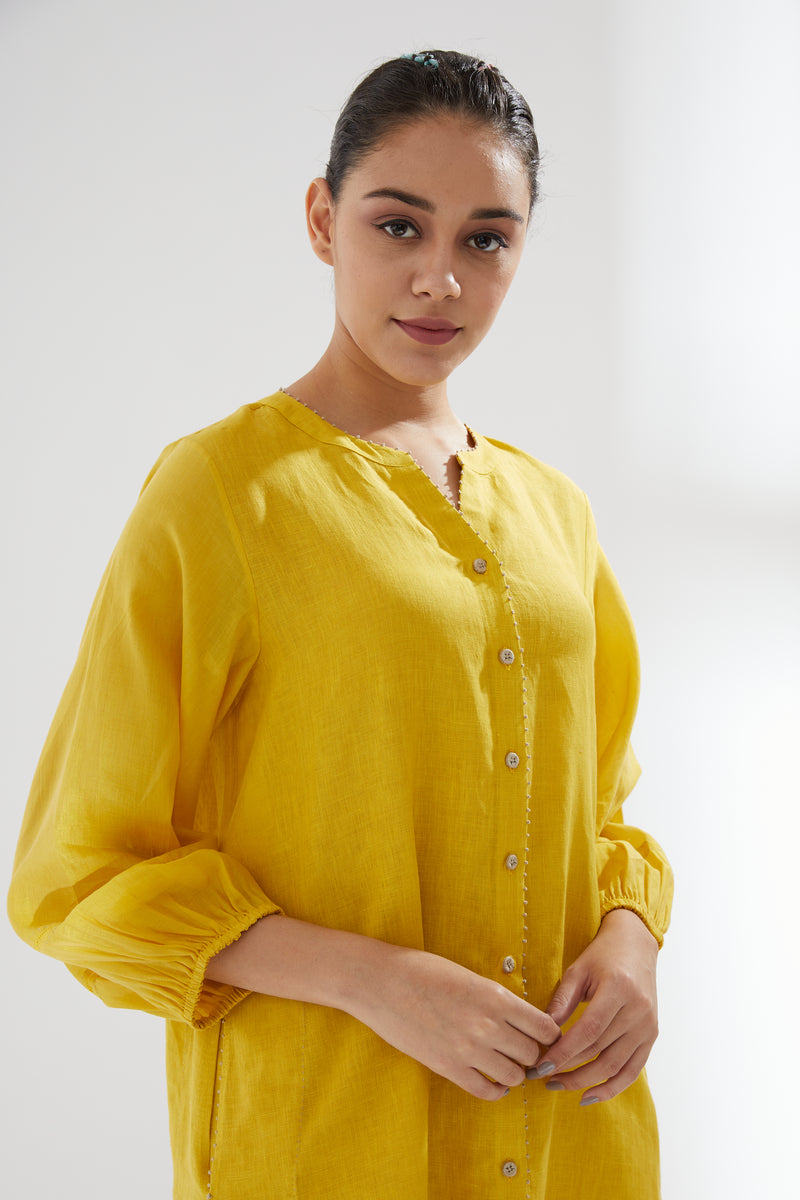 Button-up Balloon Sleeve Tunic With Pants